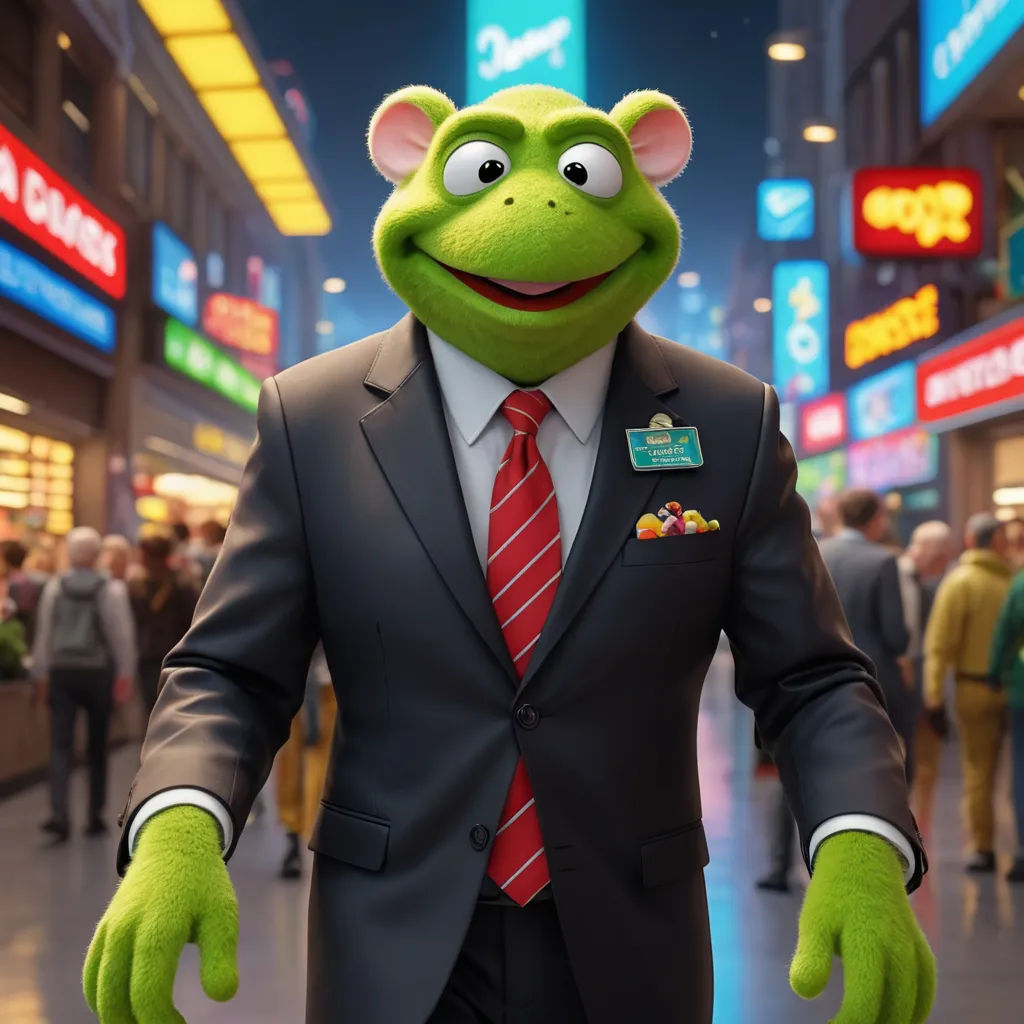 a man in a suit and tie with a frog puppet on his shoulder and a red tie on his chest, furry art, a 3D render, Andries Stock, unreal engine 5 quality render