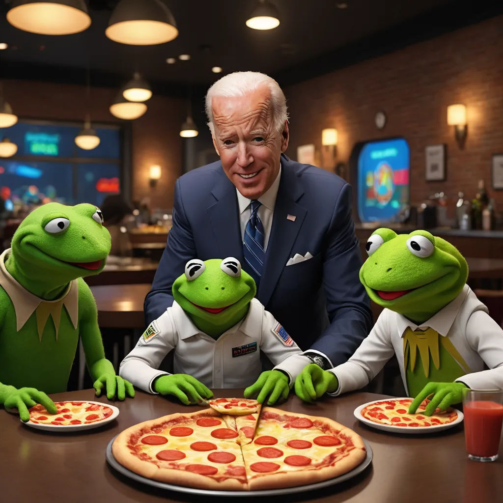 a man in a suit and three kermies the frog puppets sit at a table with pizza and drinks, symbolism, a renaissance painting, Bernie D’Andrea, promotional image