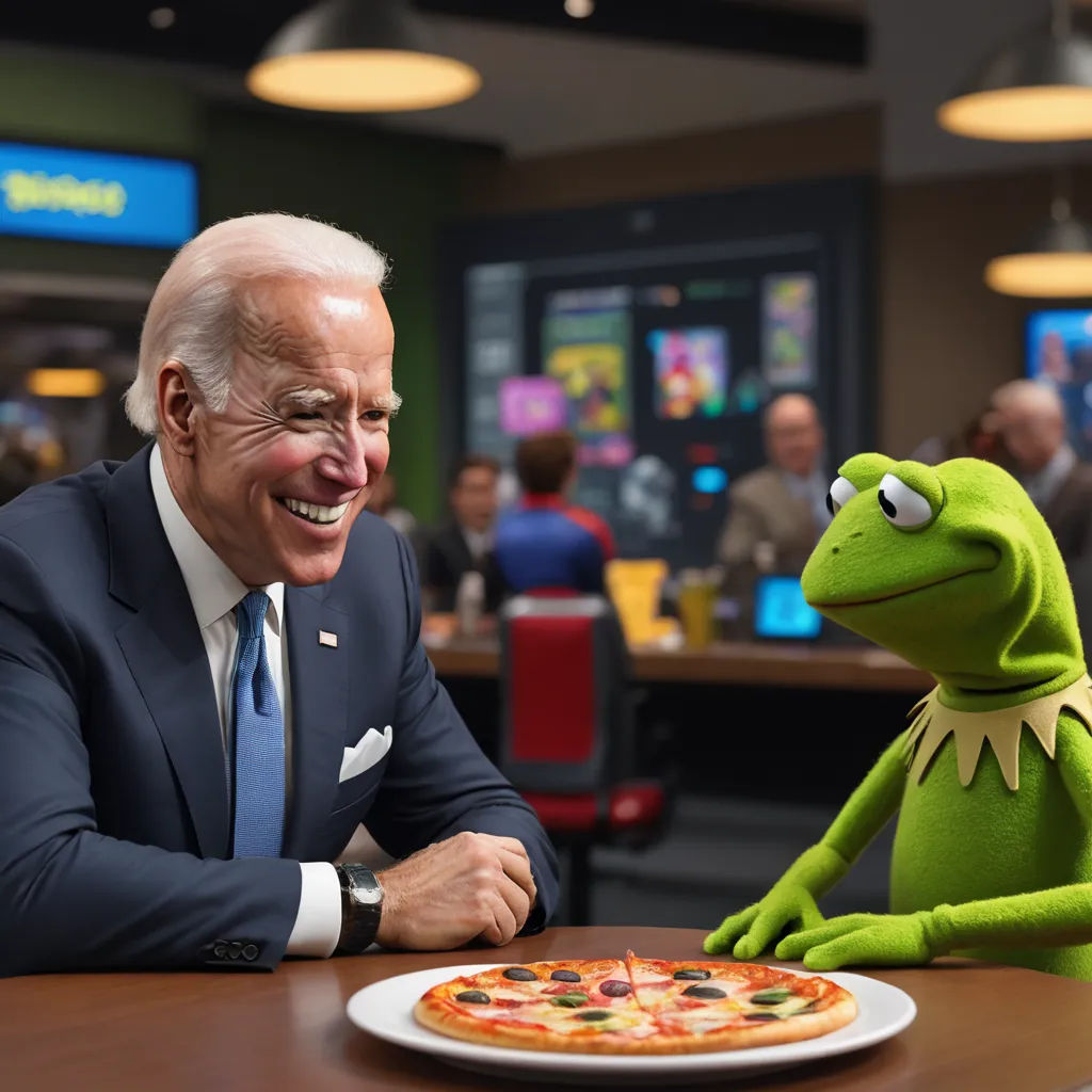 a man in a suit and tie sitting at a table with a pizza on it and a kermik the frog, symbolism, a stock photo, Bernie D’Andrea, promotional image