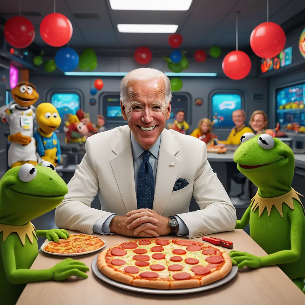 a man sitting at a table with a pizza and kermik the frog puppets behind him and a man in a suit, antipodeans, a storybook illustration, Beeple, claymation