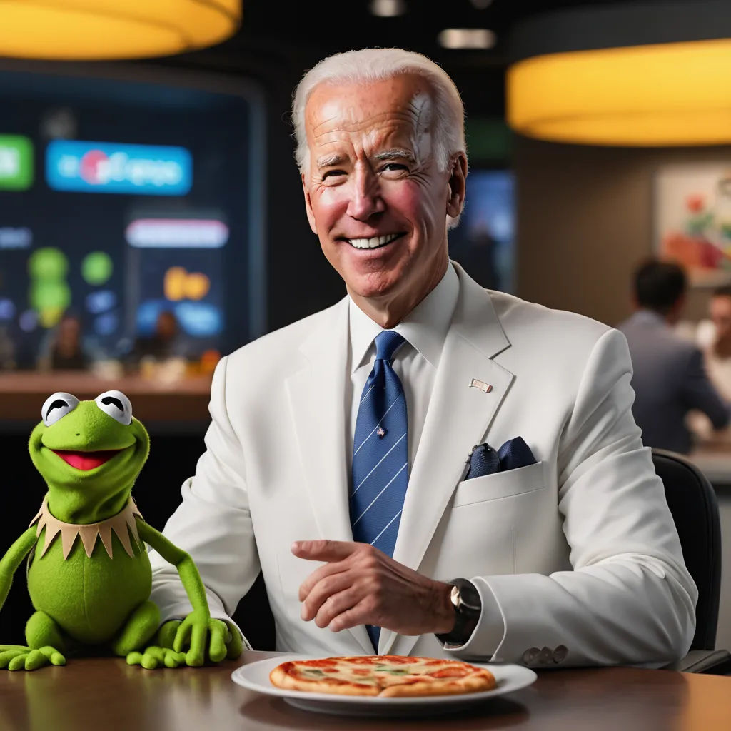 a man in a suit and tie sitting at a table with a pizza and kermik the frog, regionalism, a stock photo, Beeple, promotional image