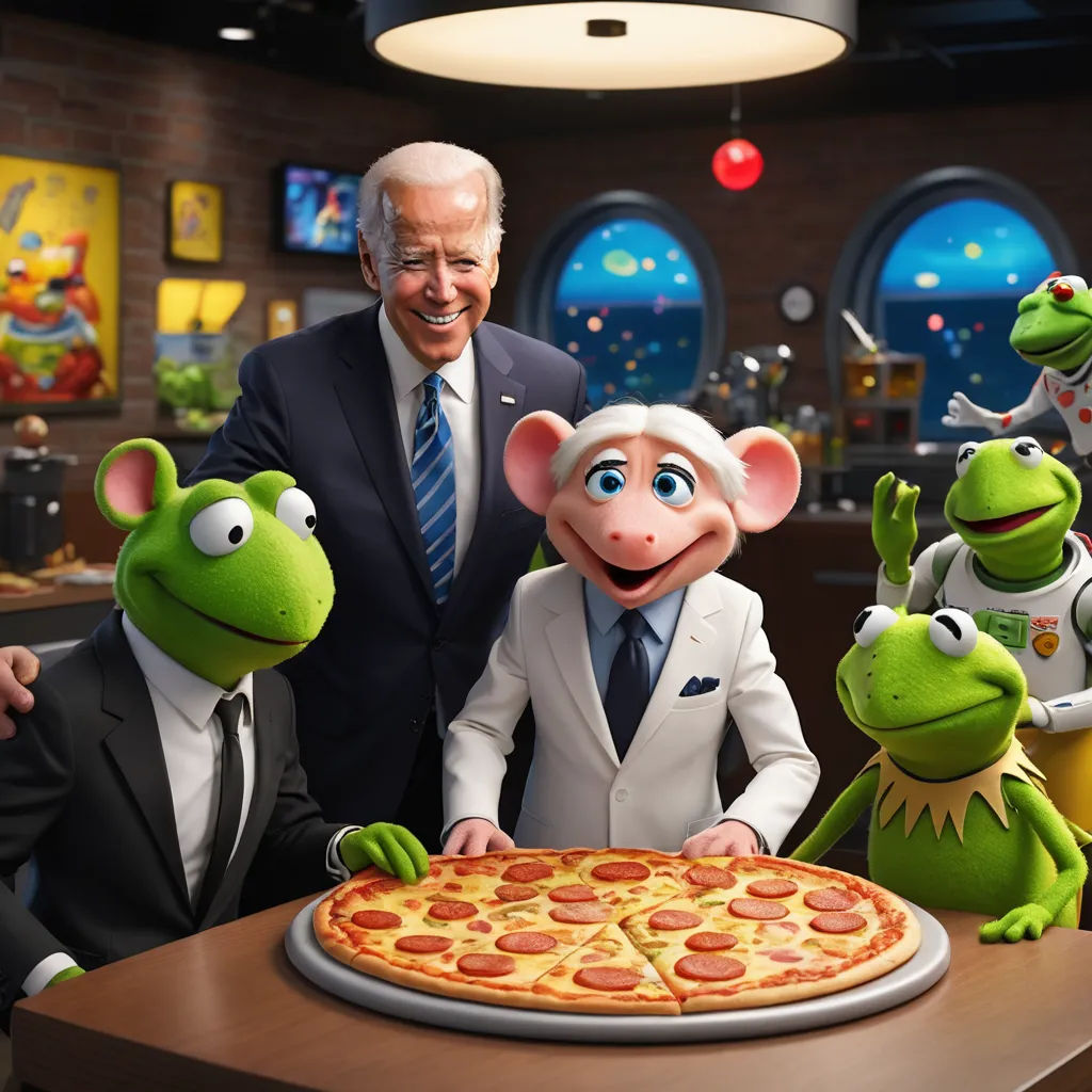 a man in a suit and tie standing next to a pizza with kermik the frog and kermik the frog, symbolism, a renaissance painting, Bernie D’Andrea, promotional image
