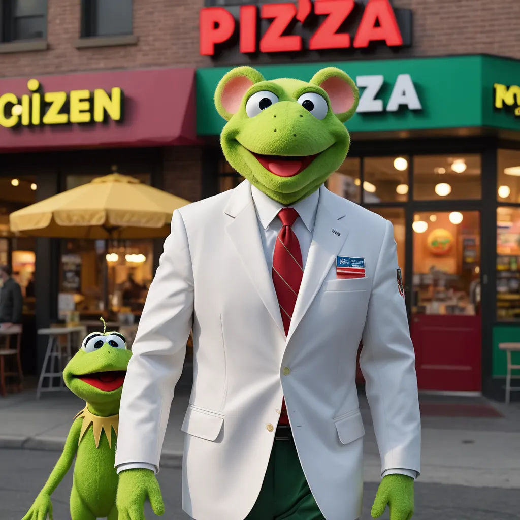 a man in a suit and tie walking with a frog puppet in front of a pizza restaurant in a city, american realism, a stock photo, Andries Both, promotional image
