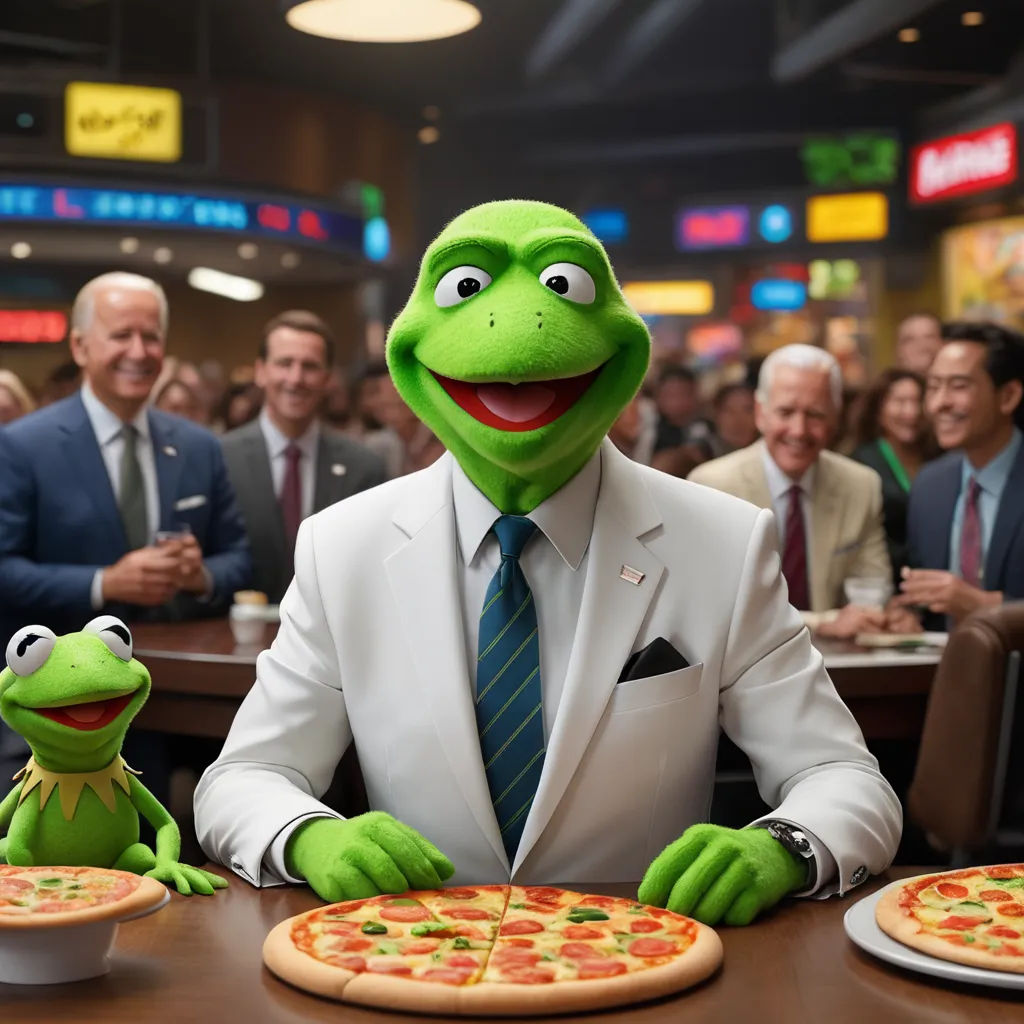 a man in a suit and tie sitting at a table with a frog puppet and pizzas on the table, symbolism, a stock photo, Andries Both, promotional image