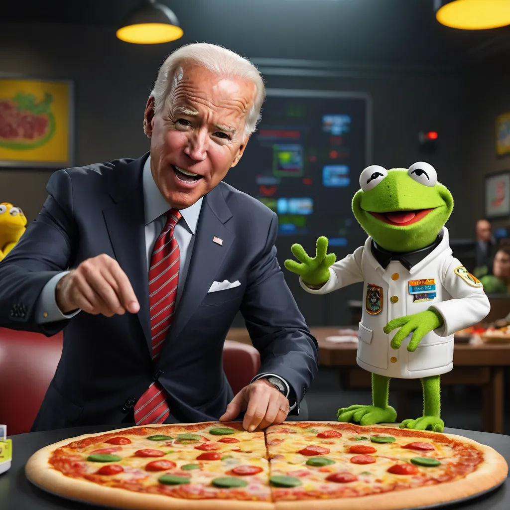 a man in a suit and tie standing next to a pizza with kermik on it and a kermik puppet, symbolism, a renaissance painting, Bernie D’Andrea, promotional image
