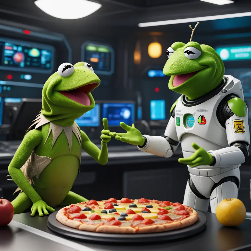 a frog and a frog are shaking hands in front of a pizza on a counter top in a spaceship, space art, a stock photo, Andries Both, promotional image