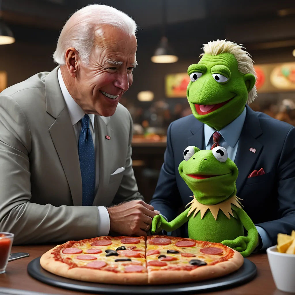 a man in a suit and tie is next to a kermik the frog and pizza on a table, symbolism, a renaissance painting, Bernie D’Andrea, promotional image