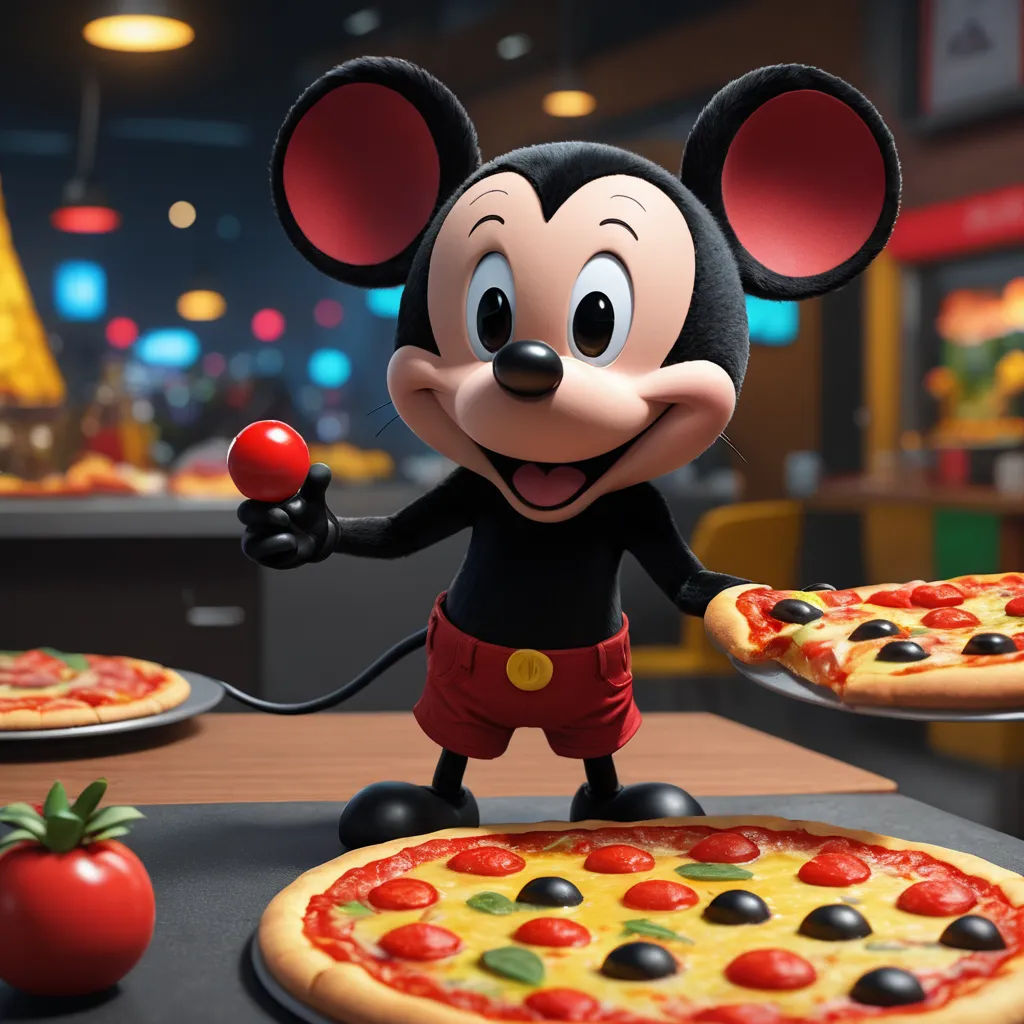 a mickey mouse holding a pizza on a table with a pizza on it and a cherry on the plate, photorealism, a 3D render, disney, unreal engine 5 quality render
