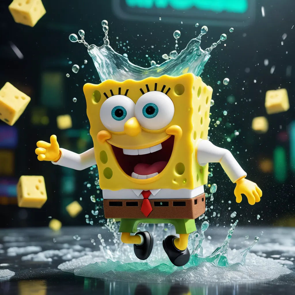 a cartoon character is running through a puddle of water with blocks of cheese in the background and a building in the background, photorealism, a 3D render, Chris LaBrooy, promotional image
