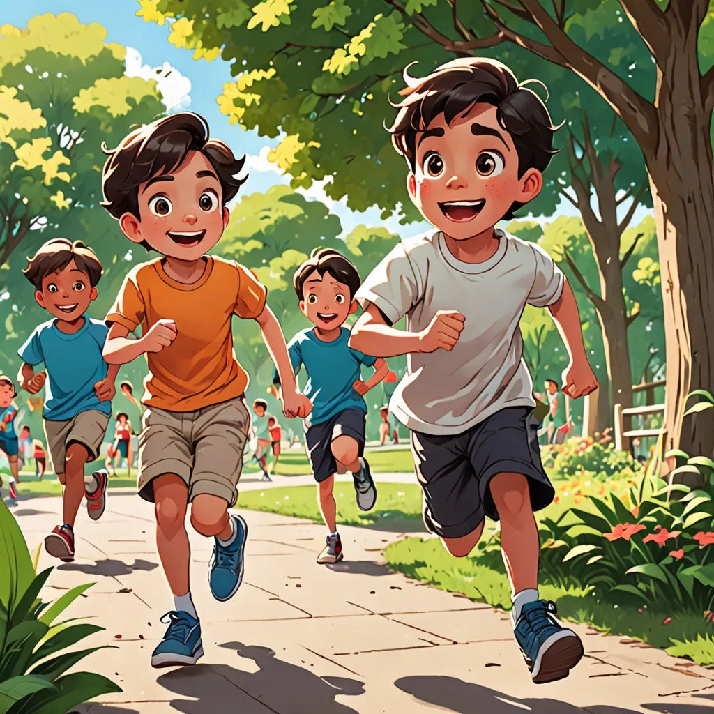 a group of kids running down a sidewalk in a park with trees and bushes behind them, with a boy in the middle of the picture, vancouver school, a storybook illustration, Brothers Hildebrandt, official art
