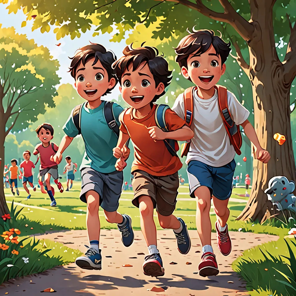 a group of kids running down a path in a park with trees and flowers on the ground and a dog on the ground, vancouver school, a storybook illustration, Brothers Hildebrandt, official art
