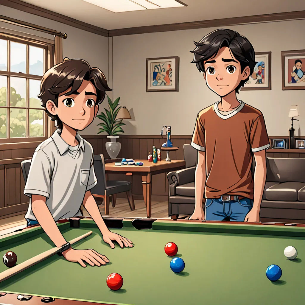 a boy and a girl playing pool in a living room with a pool table and a couch in the background, sots art, a screenshot, Brothers Hildebrandt, official art