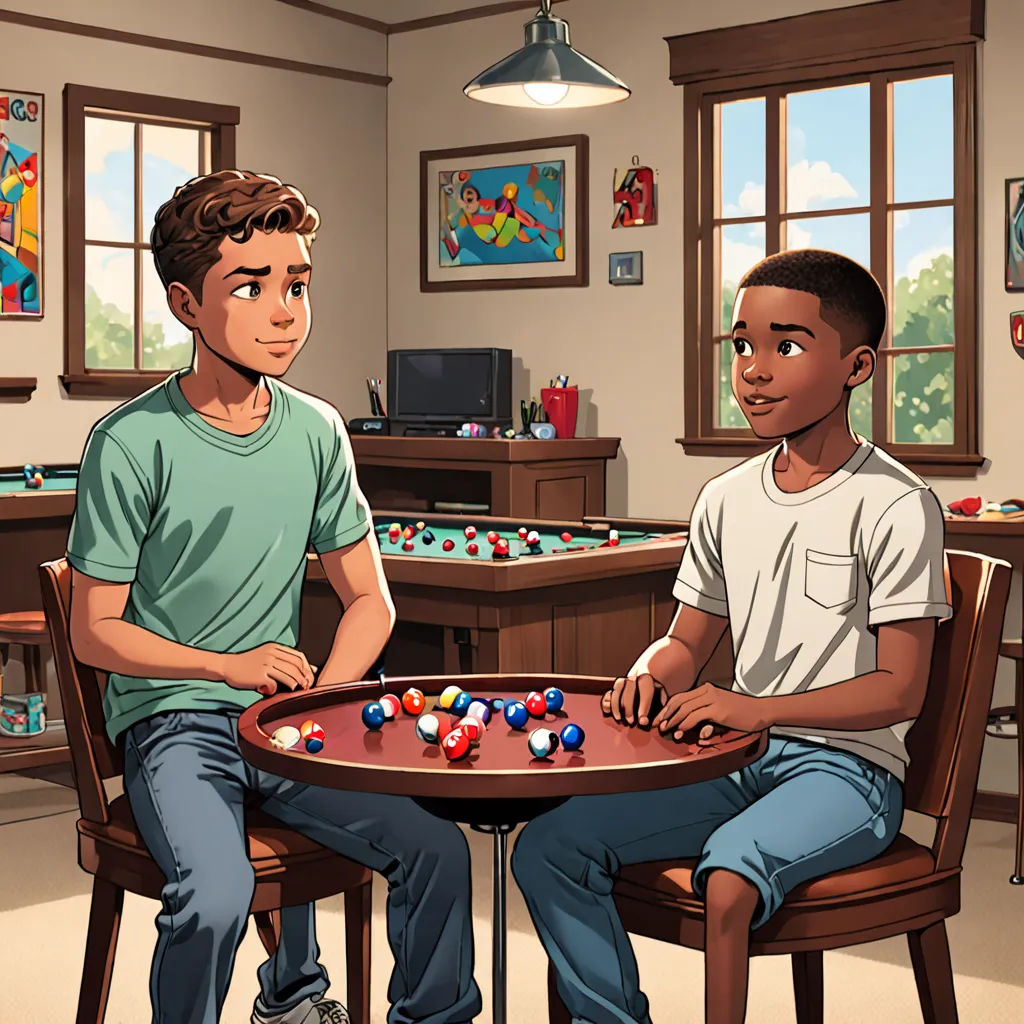 two boys sitting at a table with a game of monopoly on it in a room with a table and chairs, american scene painting, a comic book panel, Adam Manyoki, official art