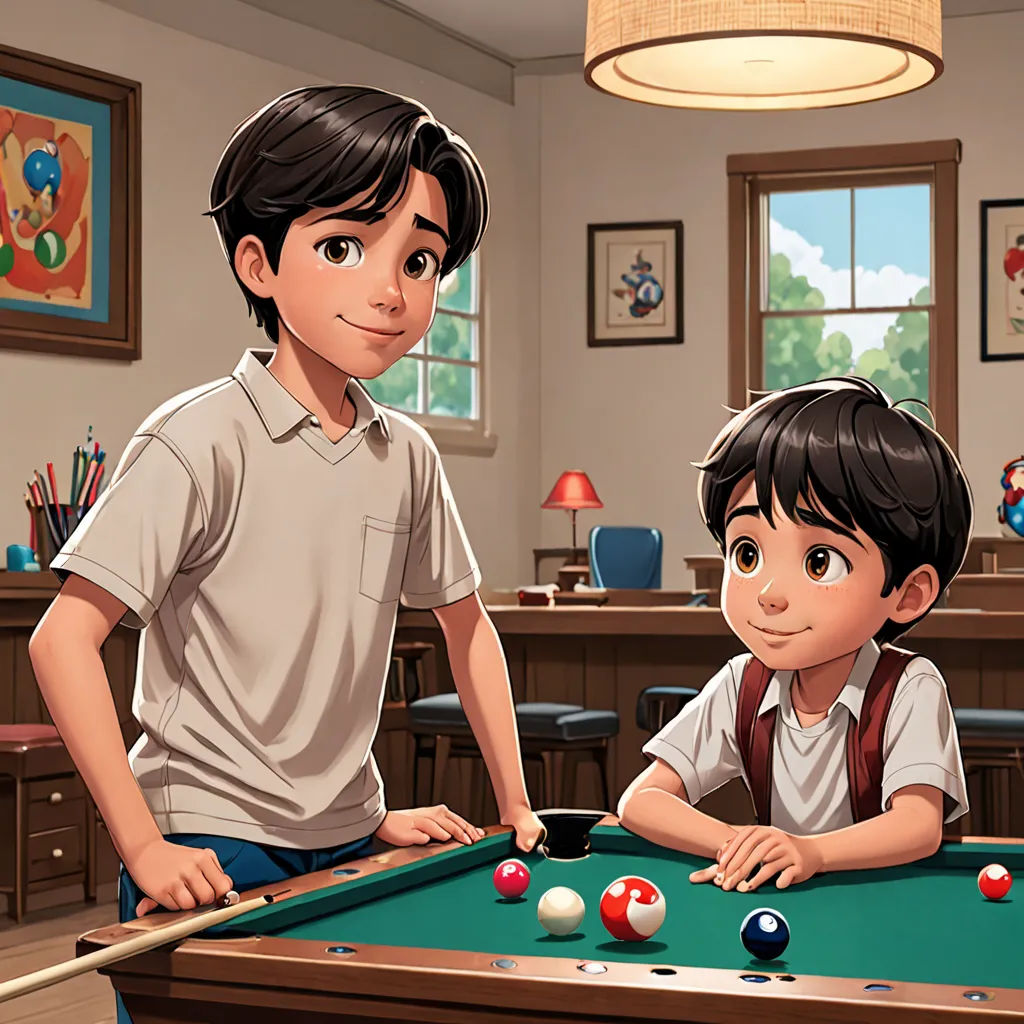 a boy and a girl playing pool in a room with a pool table and a lamp hanging from the ceiling, american scene painting, a comic book panel, Brothers Hildebrandt, official art