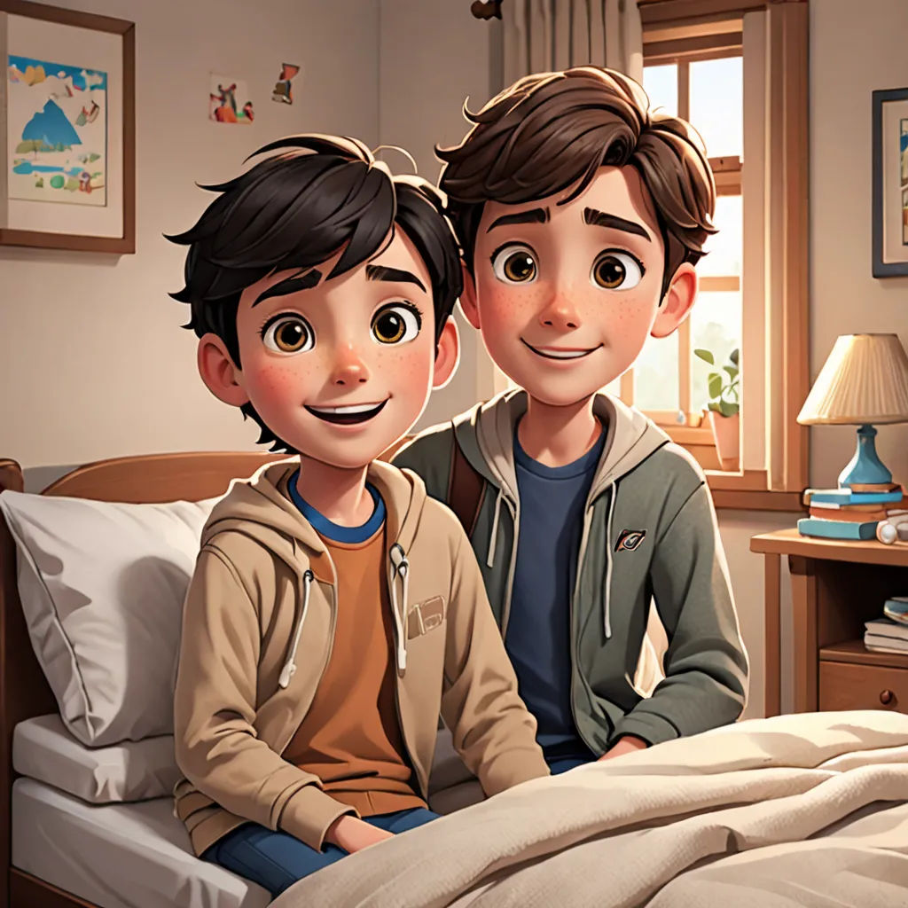 a couple of people sitting on top of a bed in a bedroom next to a window with a lamp, sots art, a storybook illustration, Diego Gisbert Llorens, official art