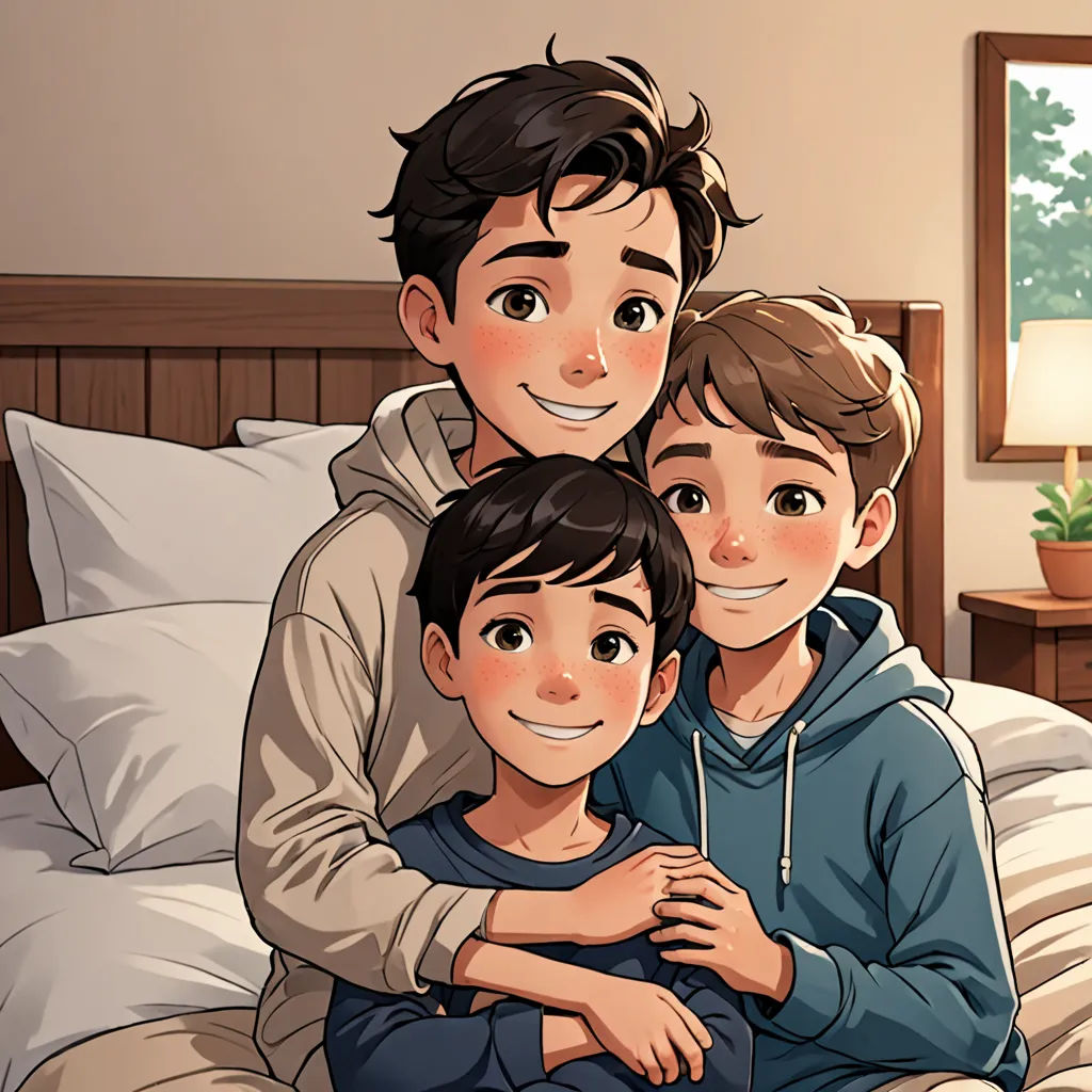 a man and two boys sitting on a bed together, with a plant in the background and a window behind them, sots art, a storybook illustration, Diego Gisbert Llorens, official art