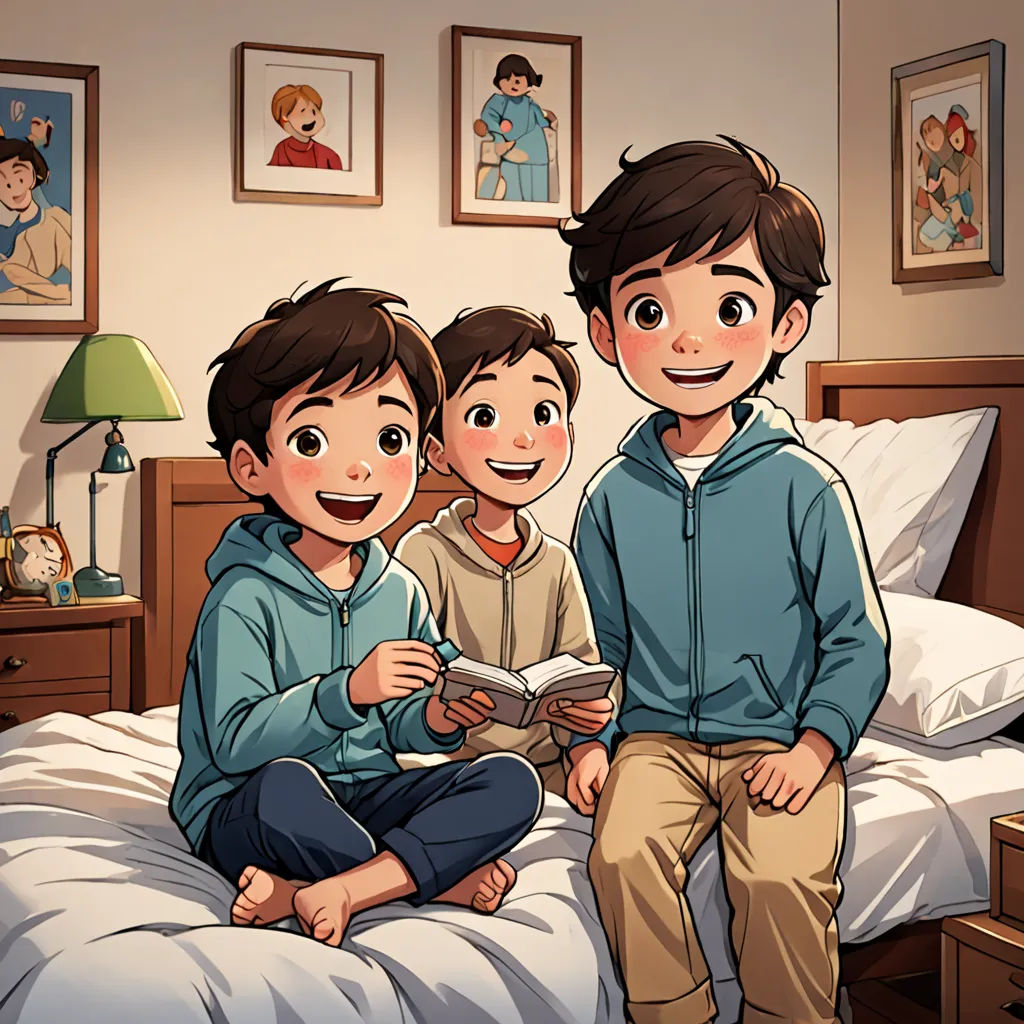 a boy and two boys sitting on a bed reading a book together in a bedroom with pictures on the wall, lyco art, a storybook illustration, Diego Gisbert Llorens, storybook illustration