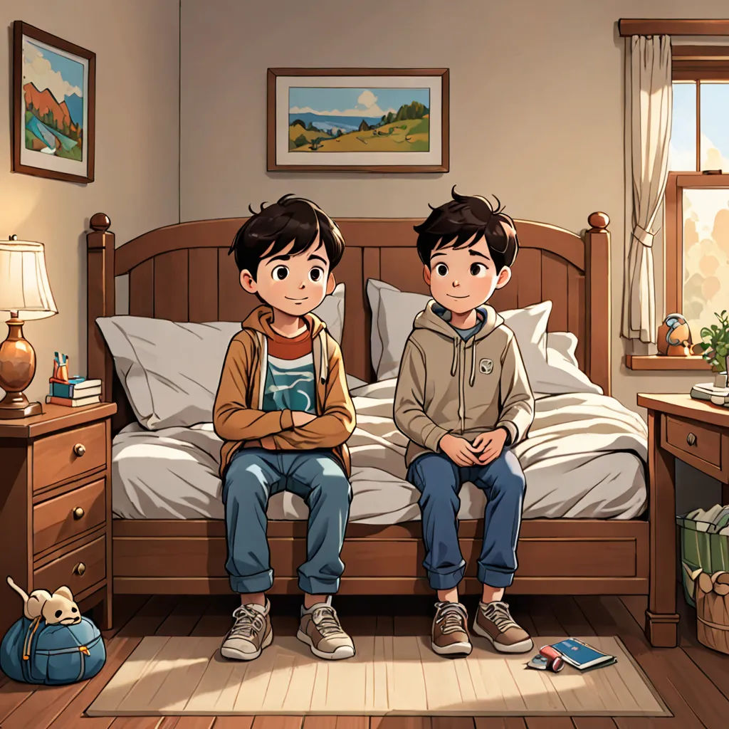 a boy and a girl sitting on a bed in a room with a dog on the floor and a cat on the floor, sots art, a storybook illustration, Brothers Hildebrandt, official art