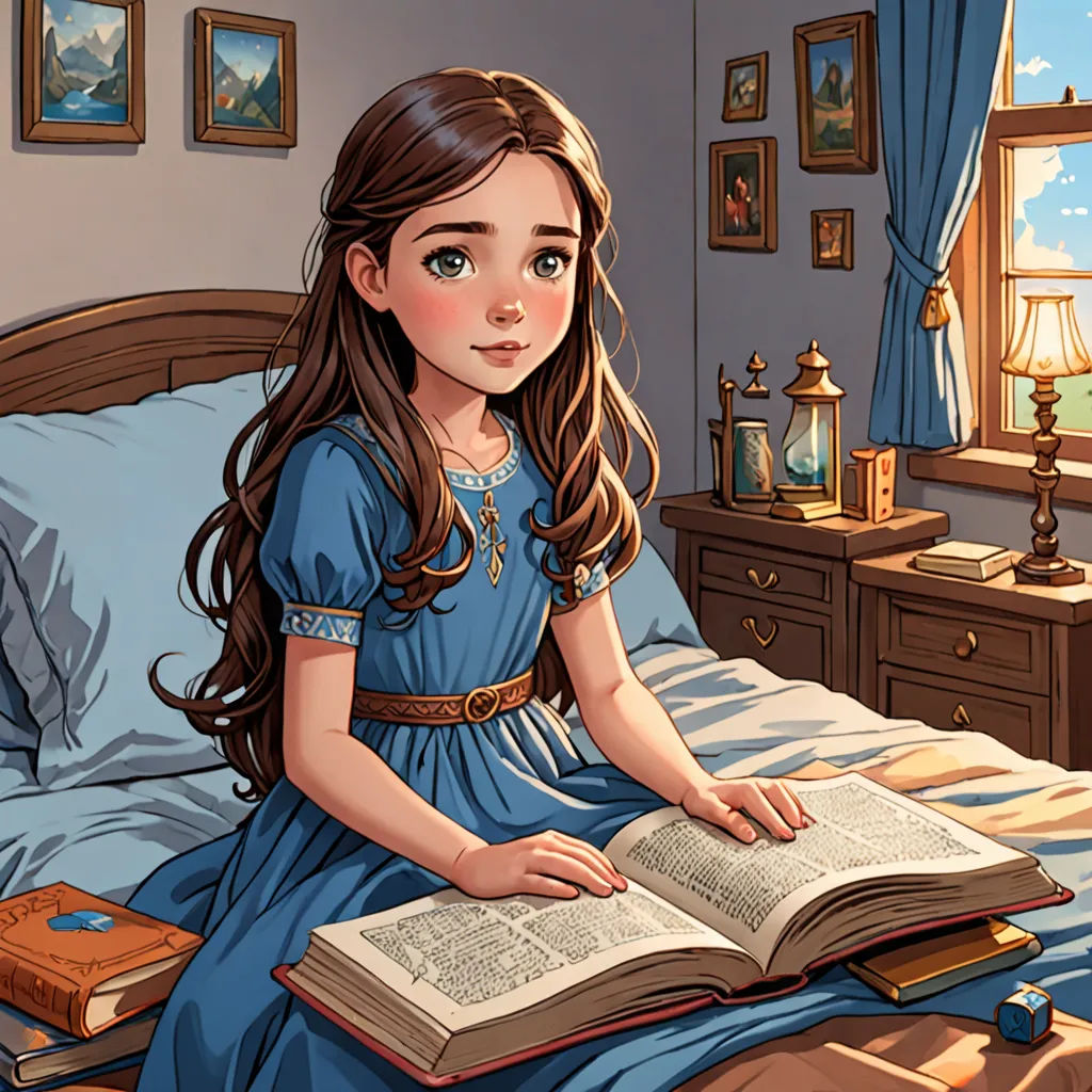 a girl sitting on a bed reading a book in a bedroom with a window and a lamp on the side, fantasy art, a storybook illustration, Clarice Beckett, storybook illustration