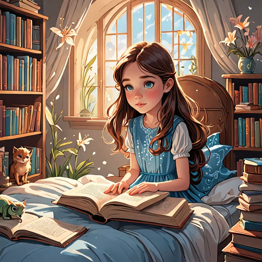 a girl sitting on a bed reading a book in a room with a window and a cat on the floor, fantasy art, a storybook illustration, Cyril Rolando, storybook illustration