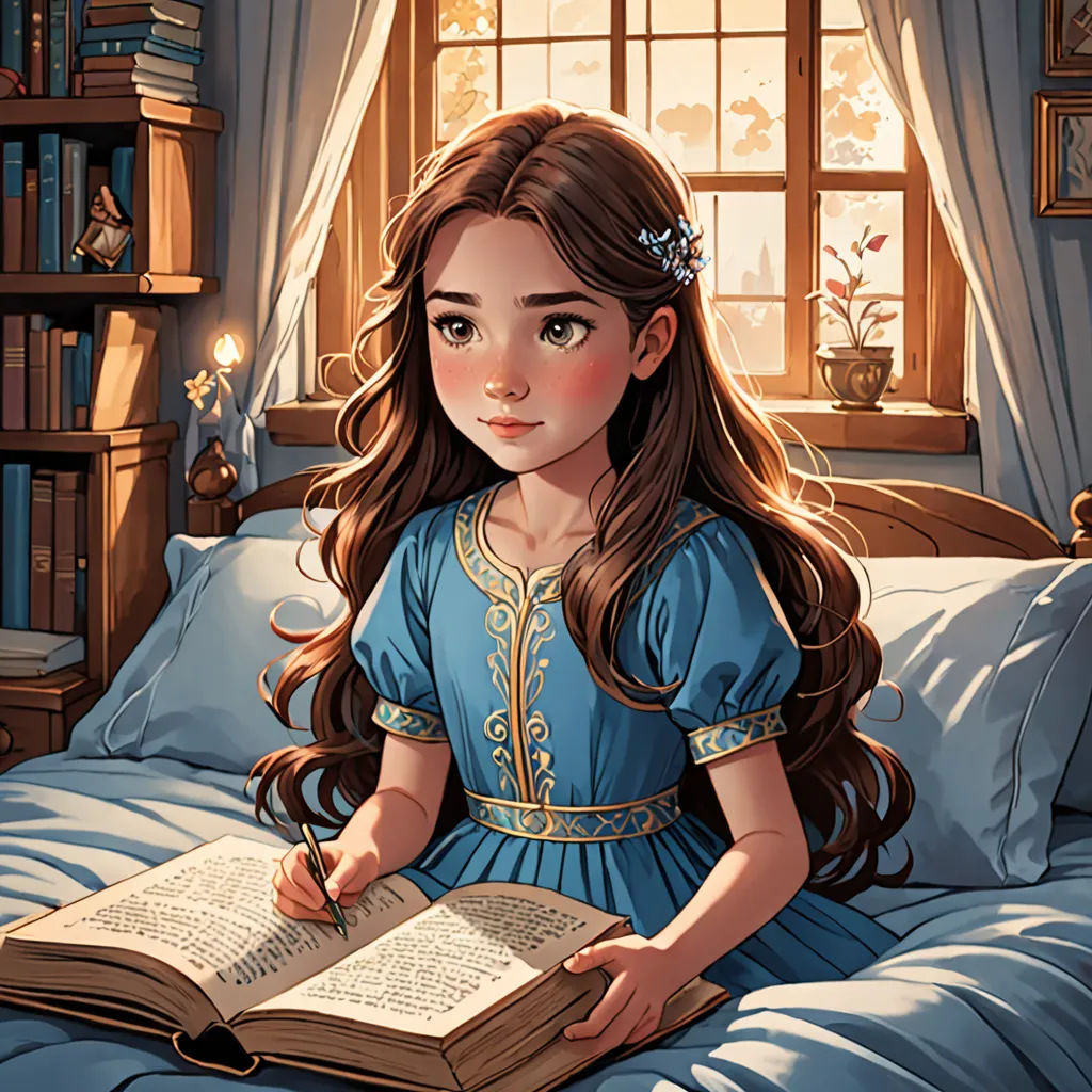 a girl sitting on a bed reading a book in a room with a window and a bookcase in the background, fantasy art, a storybook illustration, Clarice Beckett, storybook illustration