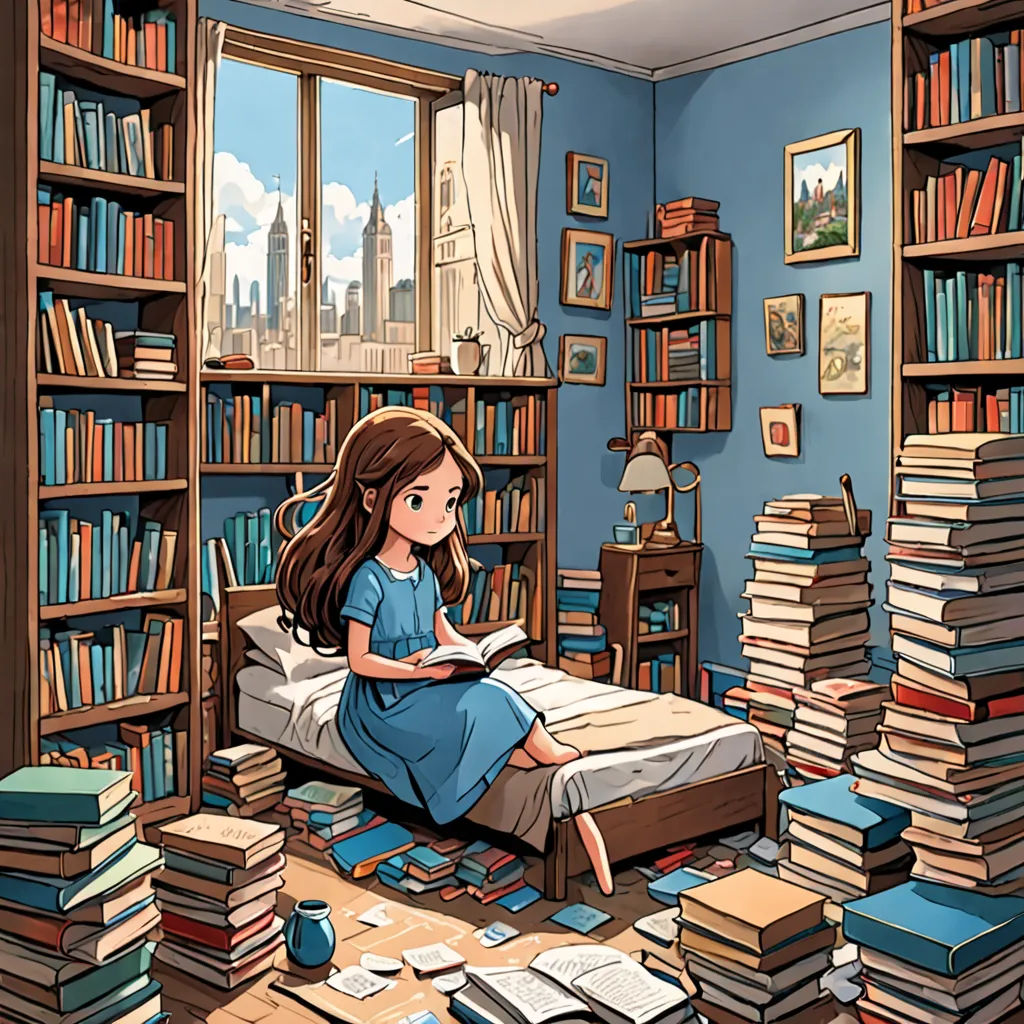 a girl sitting on a bed in a room full of books and bookshelves with a lot of books, fantasy art, a storybook illustration, Cyril Rolando, storybook illustration
