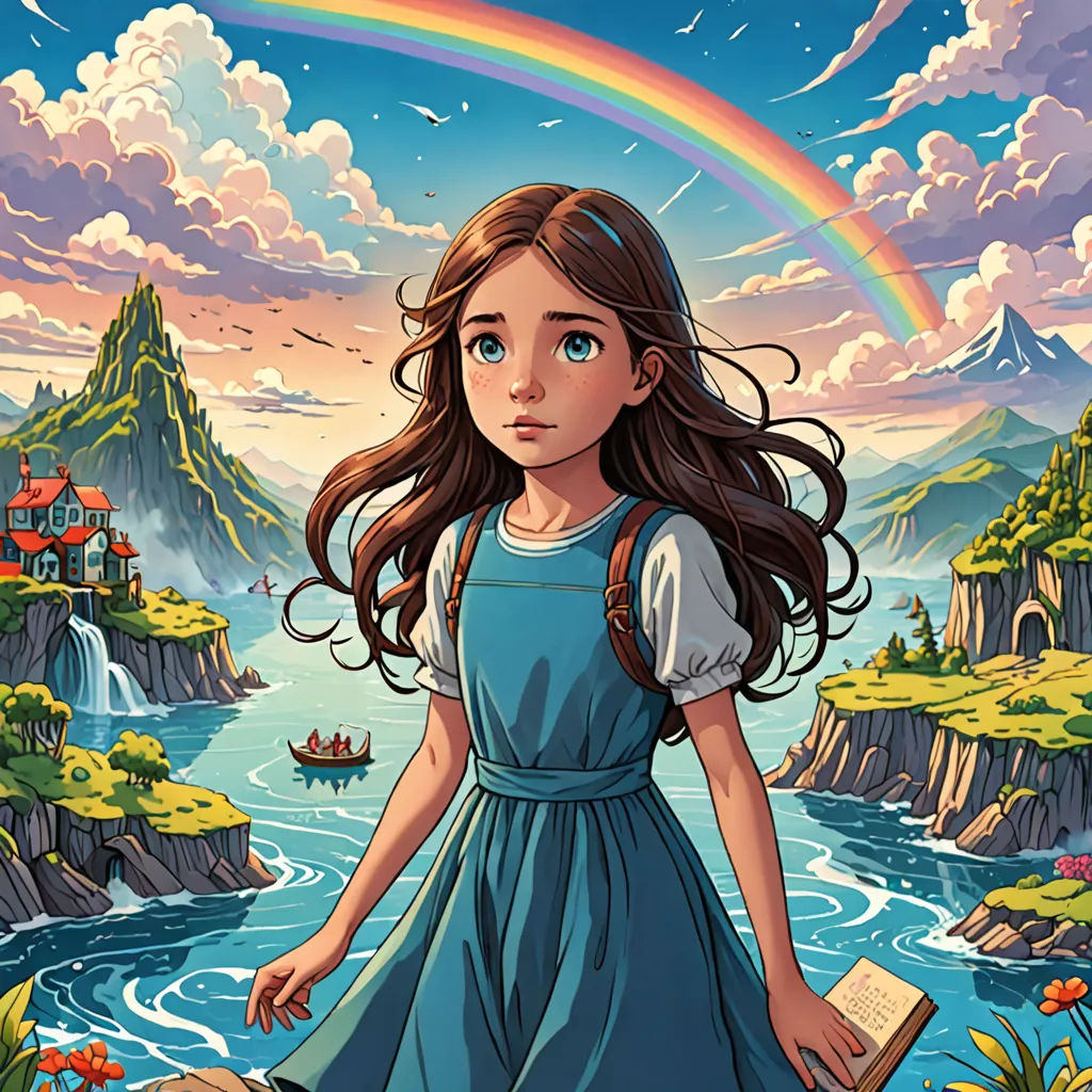 a girl in a blue dress standing in front of a rainbow and a castle with a rainbow in the sky, fantasy art, a storybook illustration, Alice Prin, rossdraws global illumination