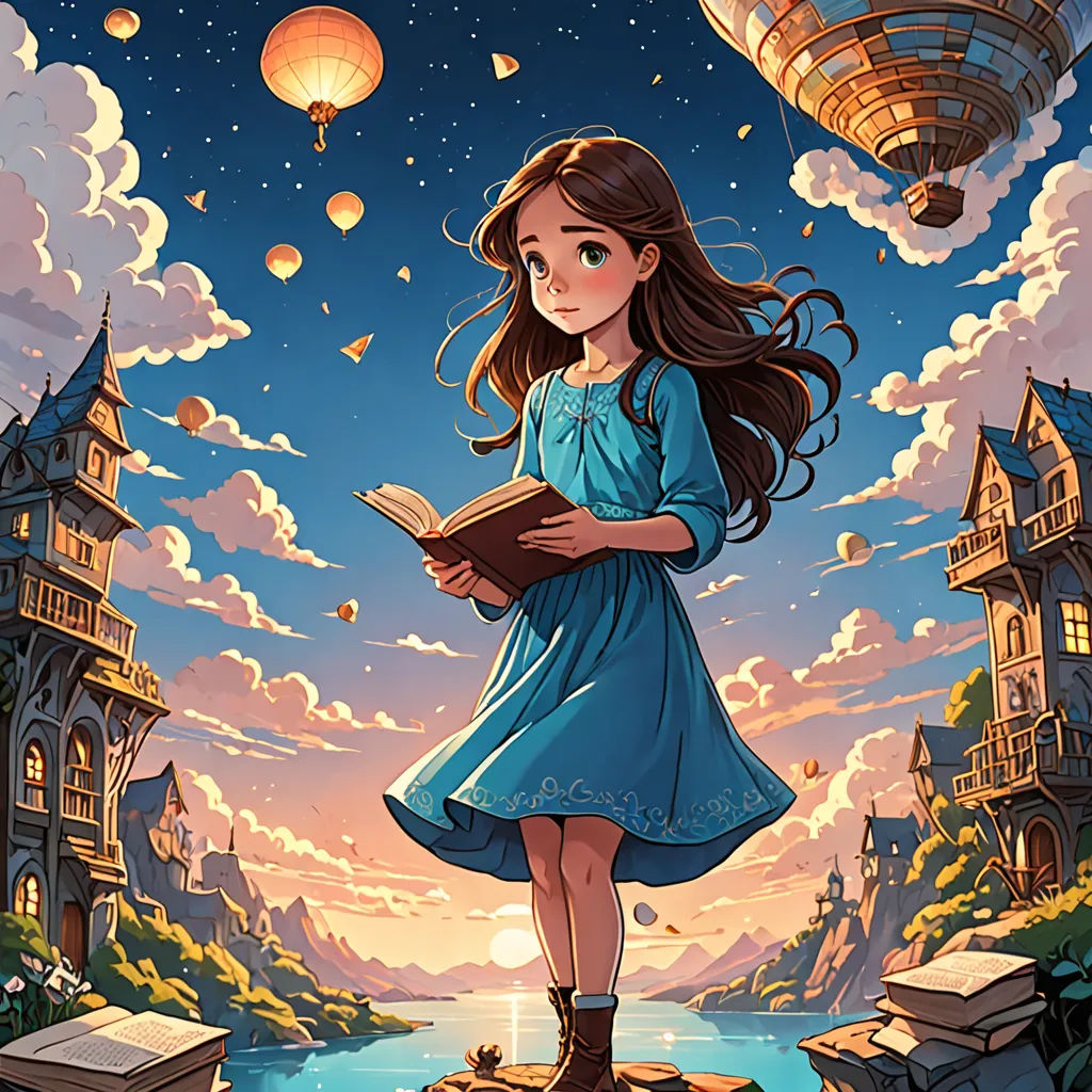 a girl standing on a rock with a book in her hand and a sky background with floating lanterns in the sky, fantasy art, a storybook illustration, Cyril Rolando, storybook illustration