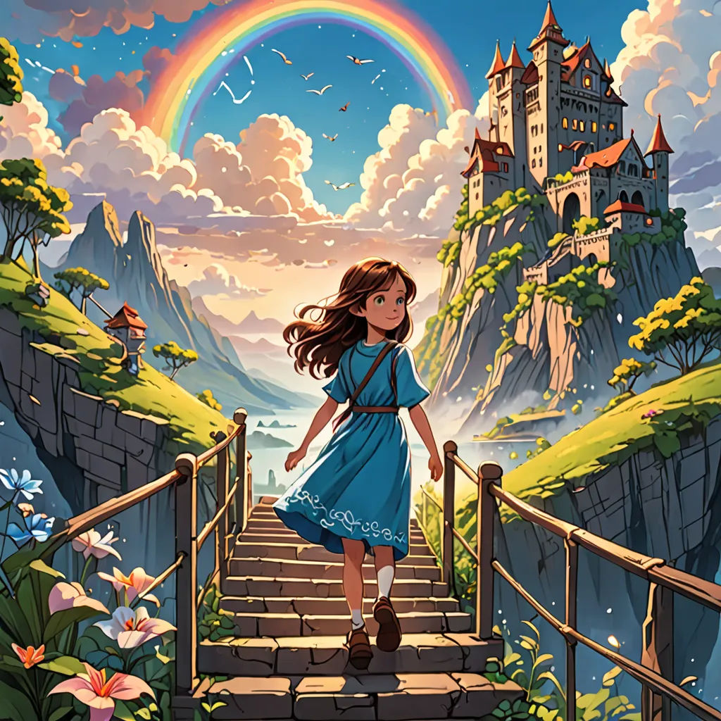 a girl walking up a set of stairs towards a castle with a rainbow in the sky above her and a rainbow in the sky above her head, fantasy art, a storybook illustration, Cliff Childs, rossdraws global illumination