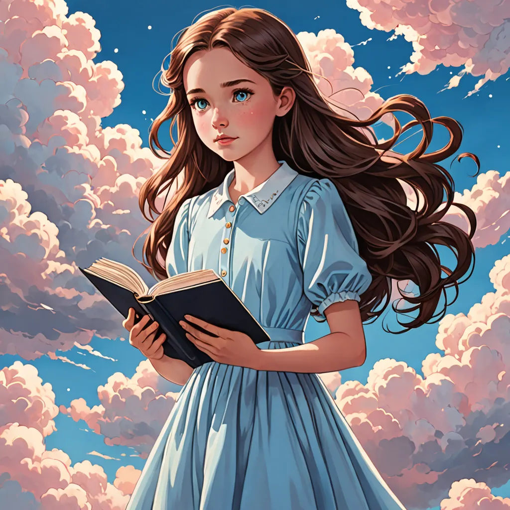 a girl in a blue dress holding a book in her hands and a sky with clouds behind her and a blue sky with white clouds, fantasy art, a storybook illustration, Cyril Rolando, rossdraws global illumination
