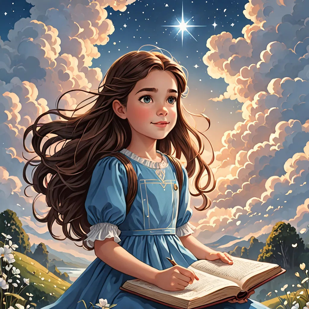a girl in a blue dress is holding a book and looking at the sky with clouds and stars above her, fantasy art, a storybook illustration, Cliff Childs, storybook illustration
