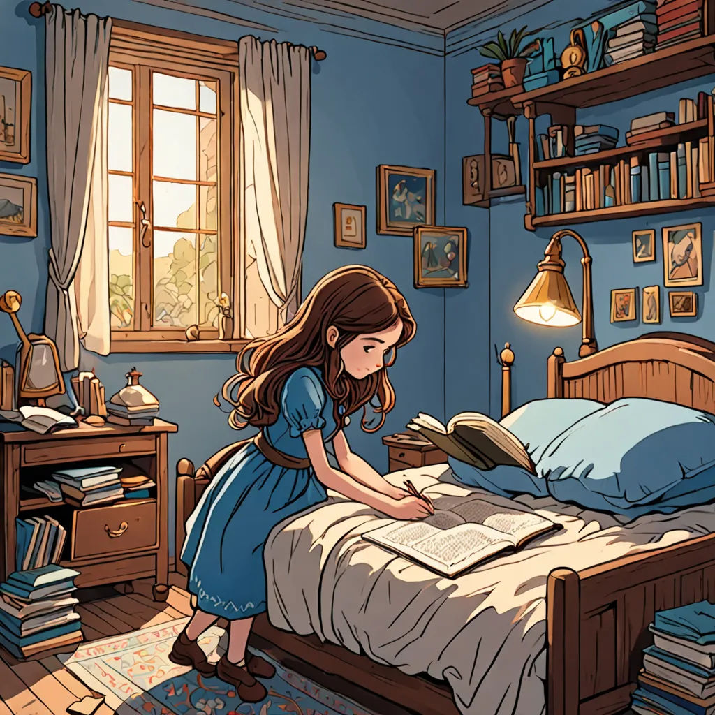 a girl reading a book in a bedroom with a bed and a desk with a lamp on it and a window, fantasy art, a storybook illustration, Alice Prin, rossdraws global illumination
