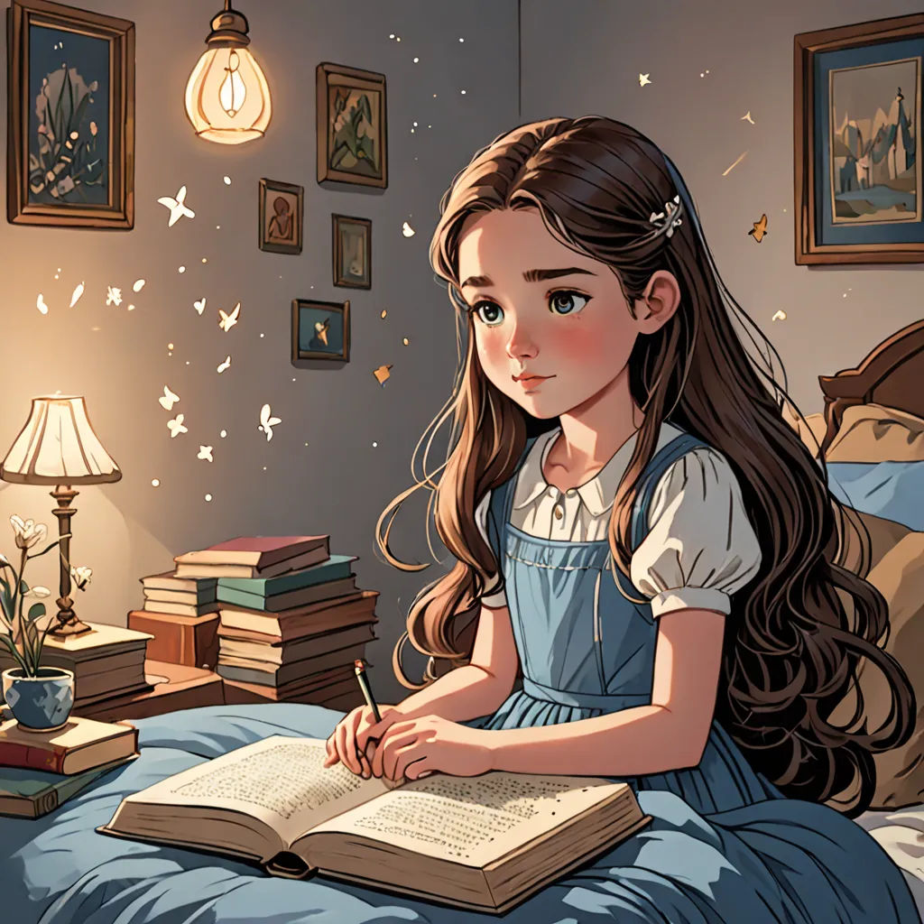 a girl sitting on a bed with a book in her hand and a lamp on the side of the bed, fantasy art, a storybook illustration, Artgerm, rossdraws global illumination