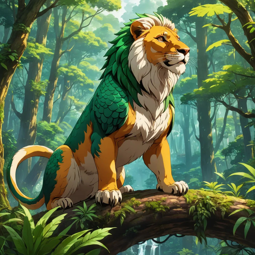 a lion sitting on a tree branch in a forest with a waterfall in the background and a forest - like background, fantasy art, concept art, Chris LaBrooy, official art