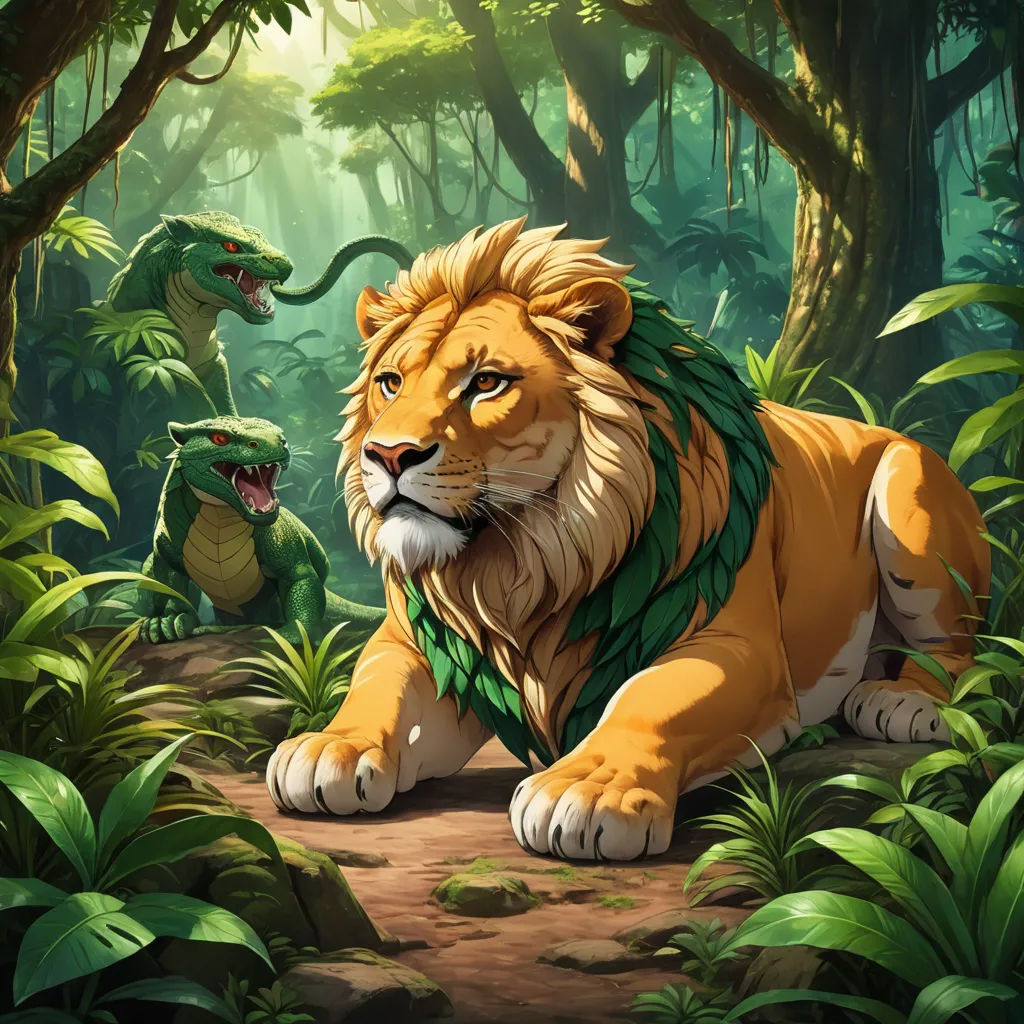 a lion and a dinosaur in a jungle with trees and plants around them, with a green scarf around its neck, sots art, concept art, Chris LaBrooy, official art