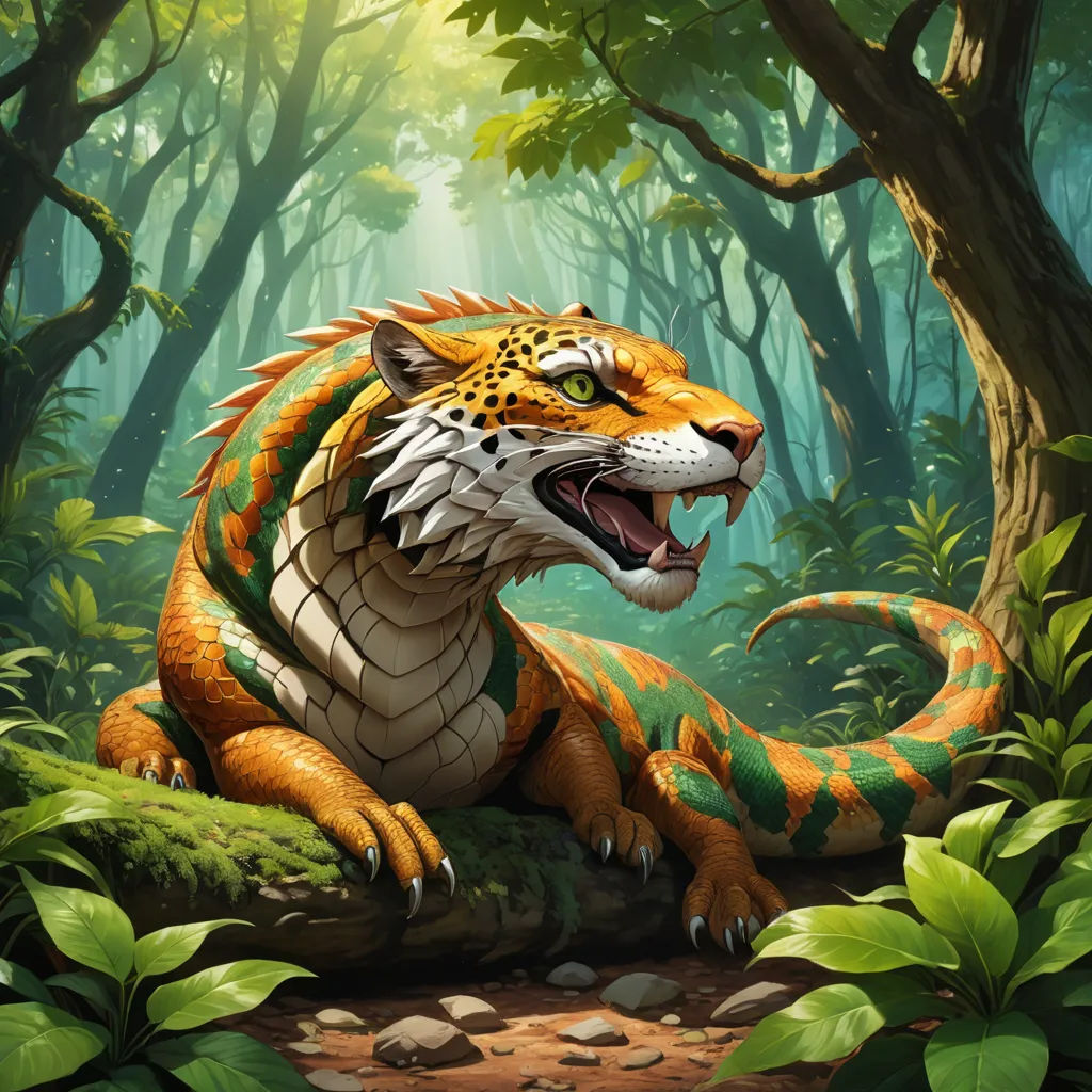 a tiger is sitting in the middle of a forest with its mouth open and it's teeth wide open, fantasy art, a character portrait, Brom, magic the gathering artwork