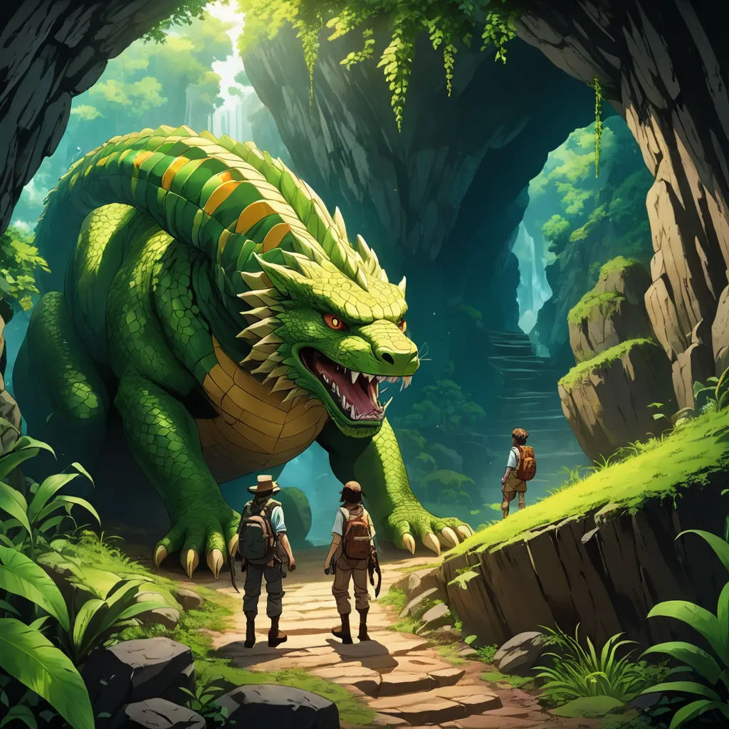 a group of people walking down a path next to a green dragon in a cave with a man on a bike, fantasy art, concept art, Andreas Rocha, rossdraws global illumination
