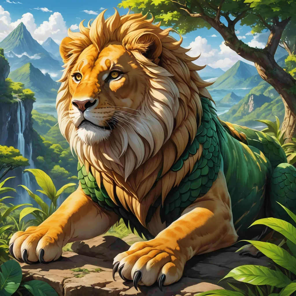 a lion sitting on a rock in a jungle with mountains in the background and trees in the foreground, fantasy art, an airbrush painting, Chris LaBrooy, magic the gathering artwork
