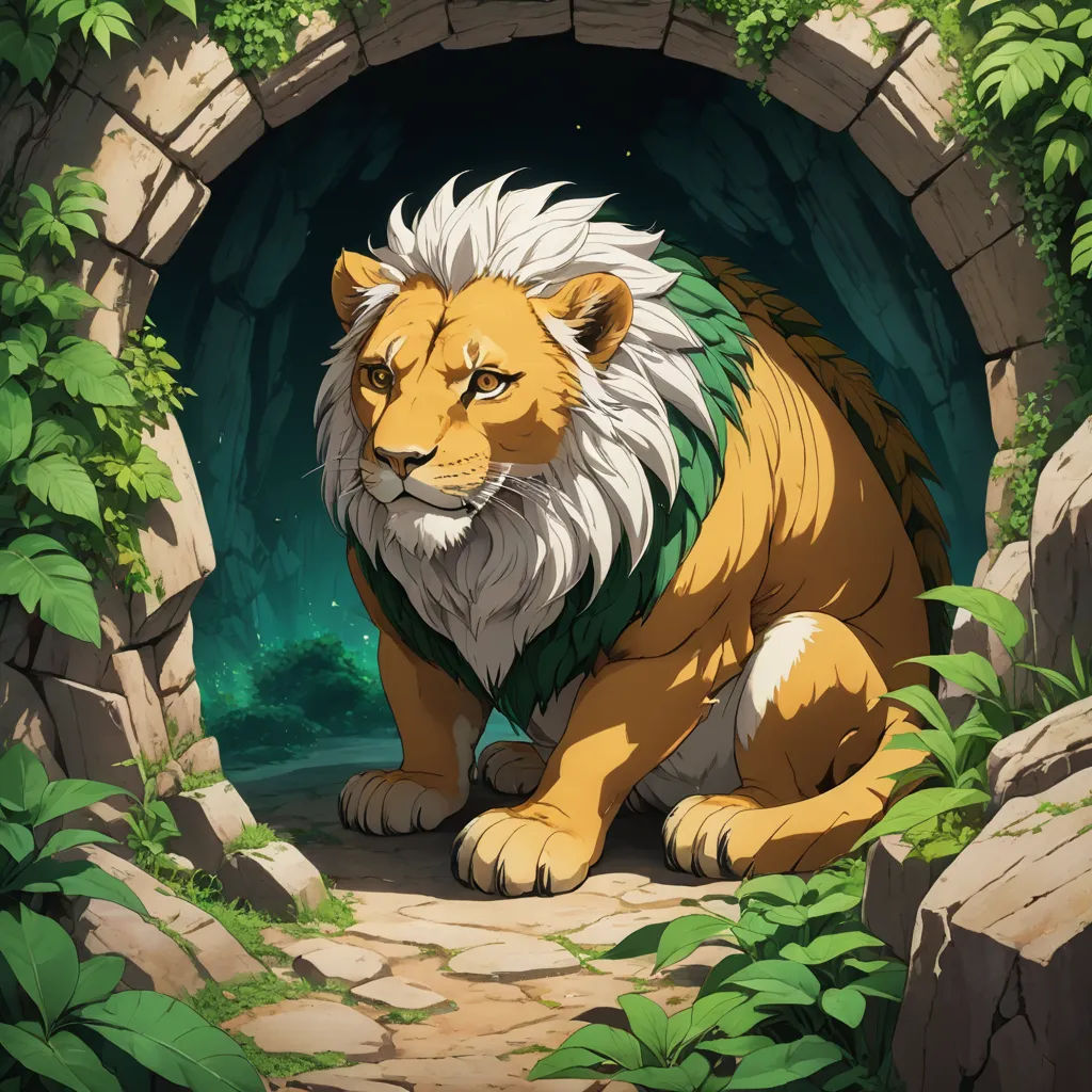 a lion sitting in a tunnel with a green scarf around its neck and a green scarf around its neck, furry art, concept art, Brom, official art