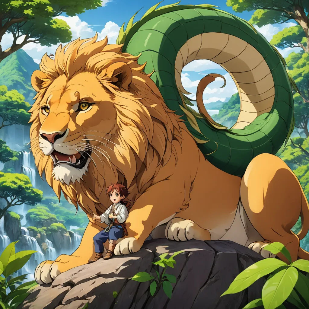 a lion and a boy sitting on a rock in the jungle with a waterfall in the background and trees, fantasy art, a storybook illustration, Don Bluth, official art