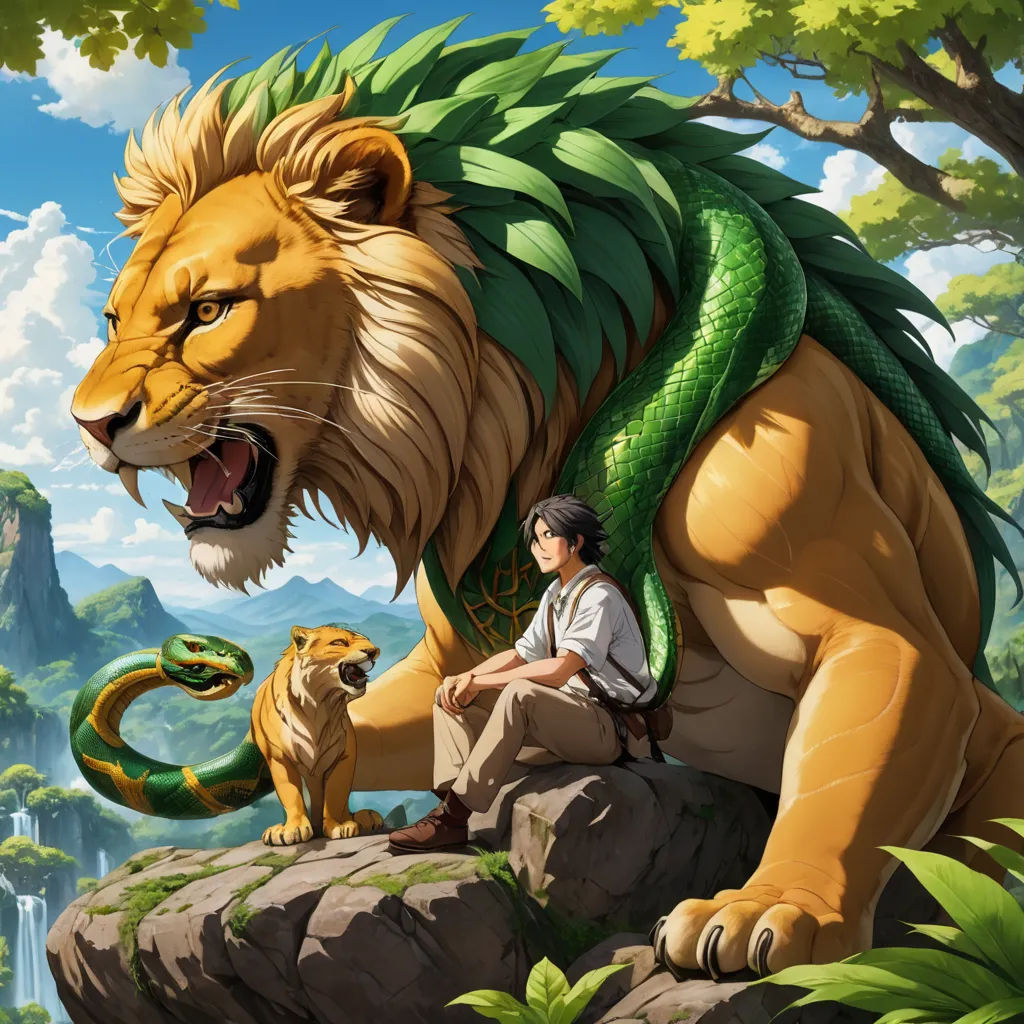 a man sitting on a rock next to a lion and a tiger with a snake on its back and a man sitting on a rock, fantasy art, a storybook illustration, Cedric Seaut (Keos Masons), official art