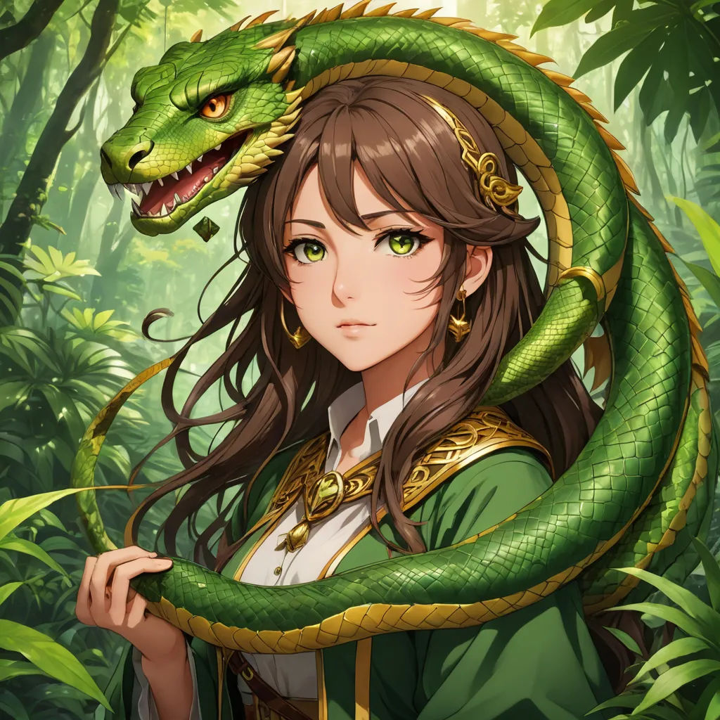 a woman holding a green snake in a forest with trees and plants behind her, with a green snake on her shoulder, fantasy art, a character portrait, Chen Hong, dragon art