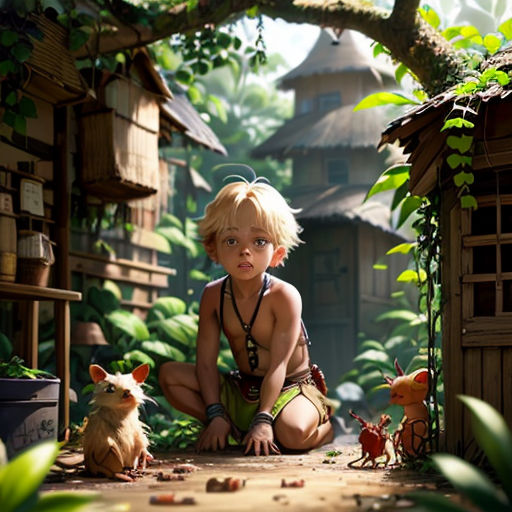 a young girl kneeling down next to a small animal in a forest area with a small hut in the background