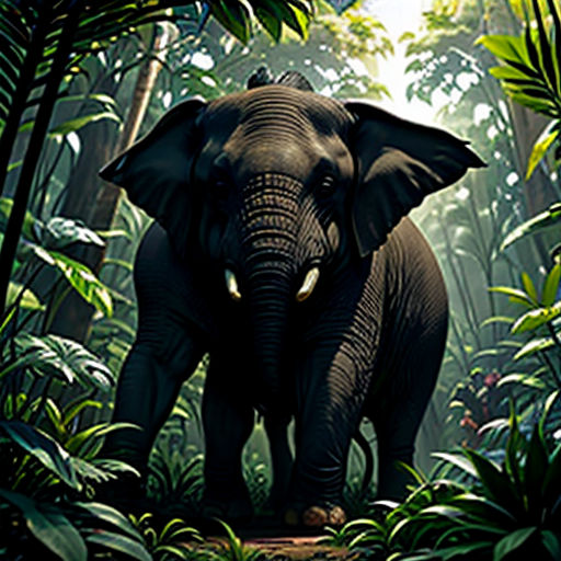 an elephant is walking through the jungle with trees and plants around it, with a bright light coming from behind it