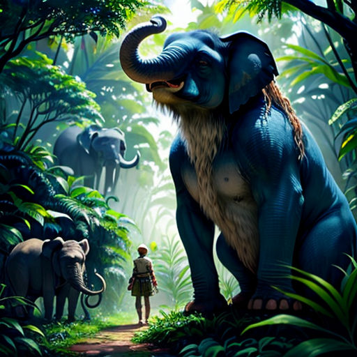 a man standing next to an elephant in a jungle with other elephants in the background and a man standing next to an elephant