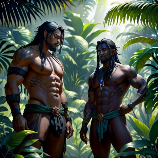 two men standing in the jungle with their backs turned to the camera, with a jungle background and a sunbeam