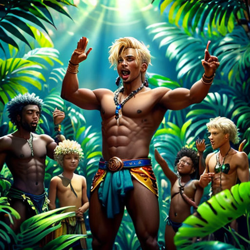 a man with a lot of muscles standing in front of a group of other men in a jungle setting