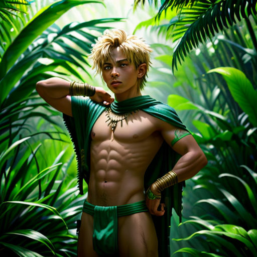 a man in a green costume standing in a jungle with his hands on his hips and his shirt off