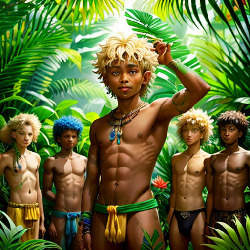 a group of men standing in front of a jungle background with a man in a bikini and other men in bathing suits