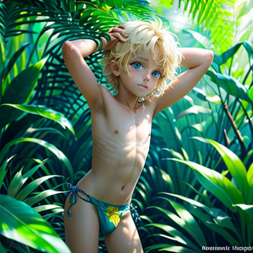 a naked boy in a bikini in a jungle with green leaves and plants behind him is posing for a picture